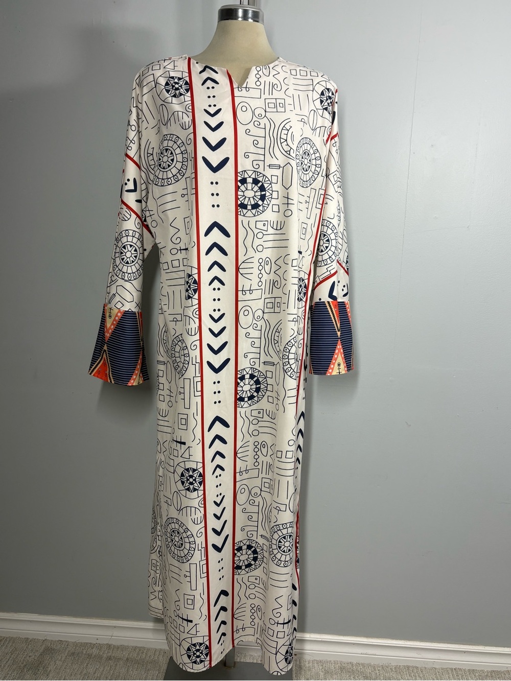 Cream Abstract Print Maxi Dress with Navy and Red Accents